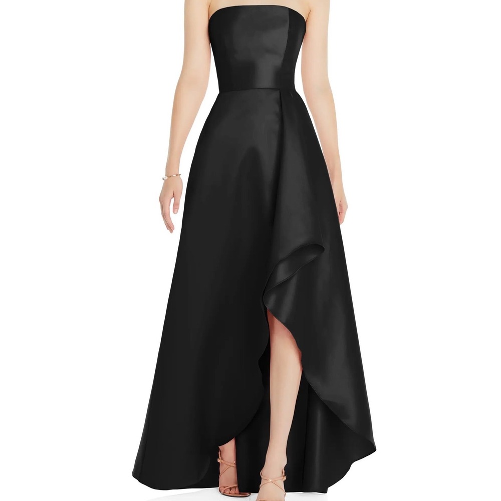 Alfred Sung Black Strapless Satin Evening Gown Draped Front Slit Size 10 Regular